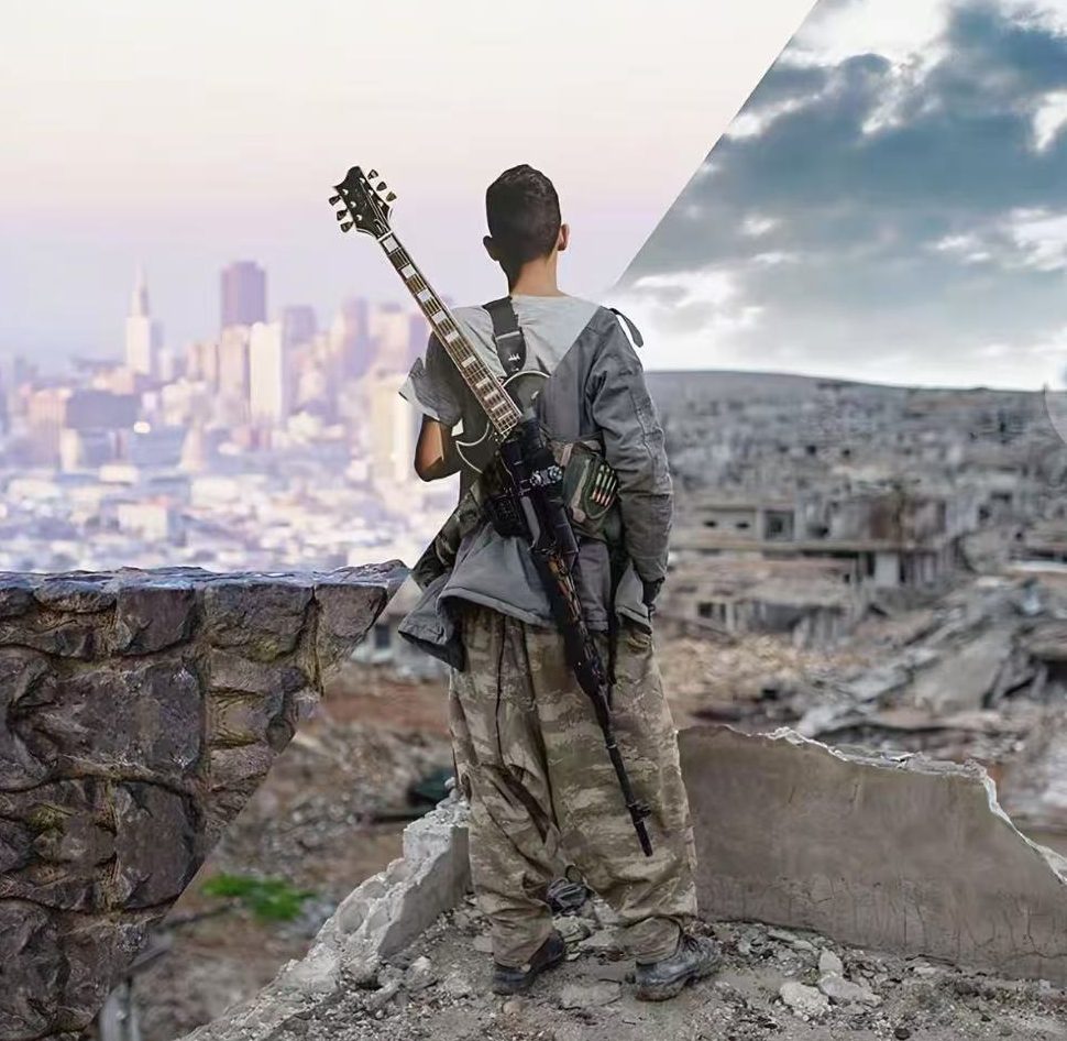 A boy stands at the edge of a ledge, with a guitar slung over his shoulder and a weapon strapped to his back, gazing out at a city skyline on one side and a war-torn landscape on the other.